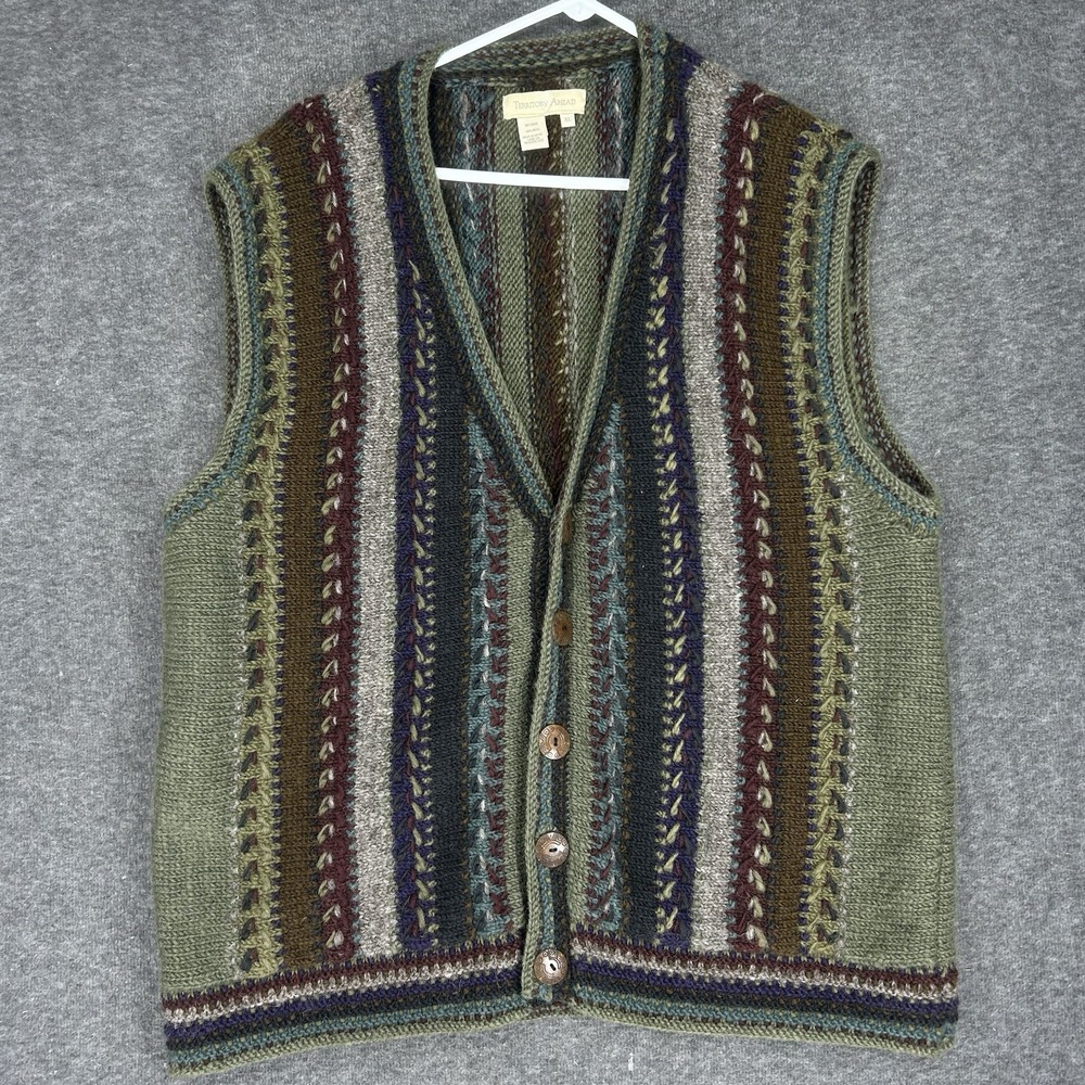 Vintage The Territory Ahead cardigan Vest Mens XL Striped Knit Wool vneck